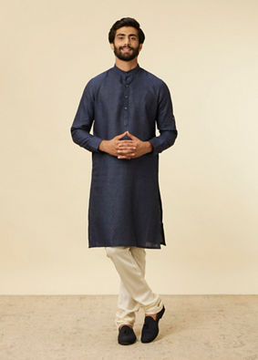 alt message - Manyavar Men Dark Blue Self Patterned Kurta image number 2